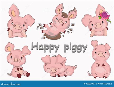 Cute Cheerful Little Pink Pigs Set Stock Illustration Illustration Of