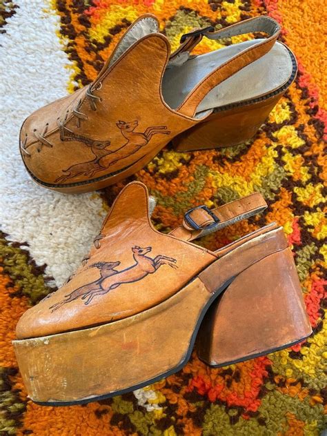 Vintage 70s Hippie Leather Stitch Painted Platform Shoes In 2020