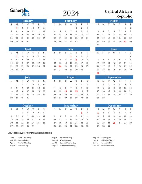 2024 Central African Republic Calendar With Holidays
