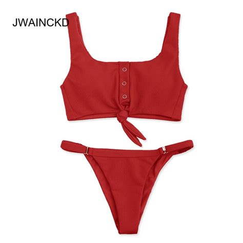 Sexy Knotted Scoop Ribbed Women Bikini Set 2018 New Button Bathing Suit