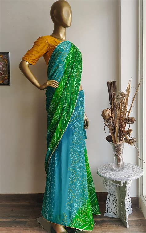 Green Bandhej Saree With Mustard Handwork Blouse In 2020 Silk Saree Blouse Designs Saree