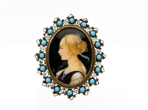 Vintage Hand Painted Portrait Brooch Silver And Turquoise Lady