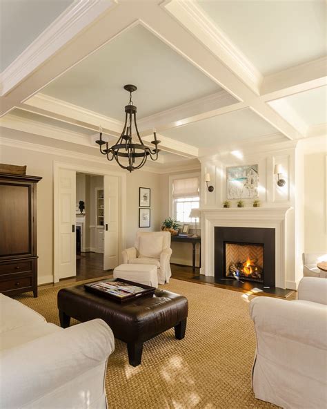 View Of The Coffered Ceiling With Chandelier Living Room With
