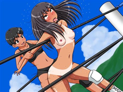 yuuyake roji 2girls arm grab black hair blush breasts censored clothed female nude female