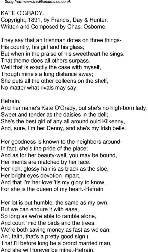 Old Time Song Lyrics For 36 Kate Ogrady