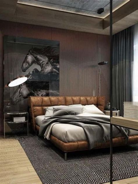 Cool Masculine Bedroom For Mens With Brown Leather Bedroom And Horse