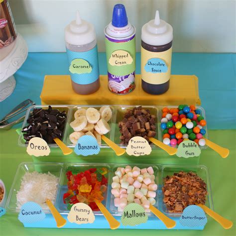 At a toppings bar, it seems everyone chooses a different combination of syrup, candy, fruit, and nuts. Ice Cream Party Ideas