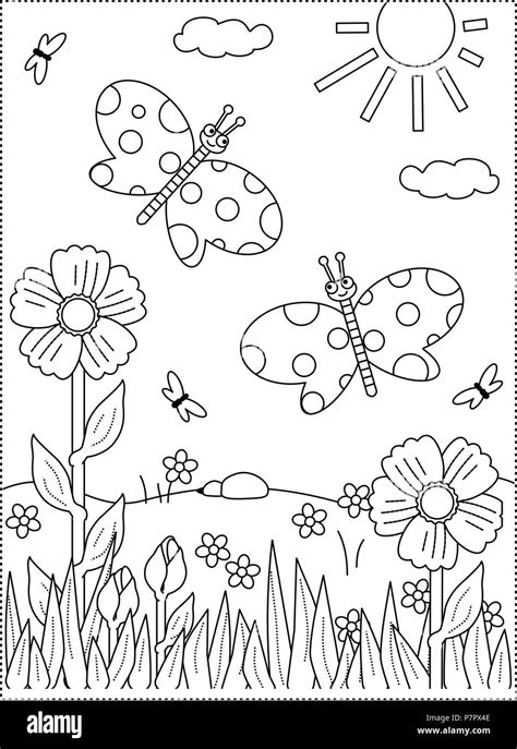Spring Or Summer Joy Themed Coloring Page With Butterflies Flowers