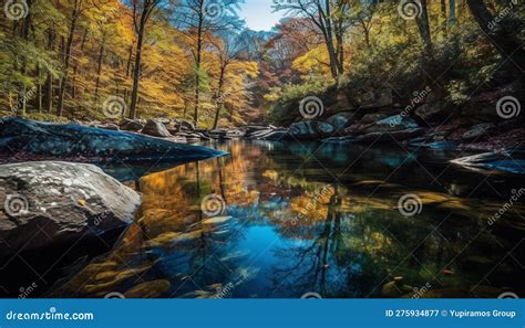 Tranquil Autumn Forest Reflects Multi Colored Mountain Range Generated