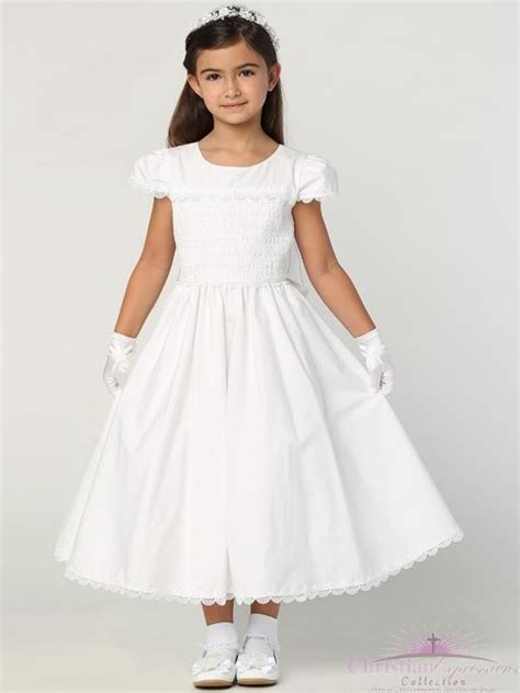 Cotton First Communion Dress With Smocked Bodice And Cap Sleeves