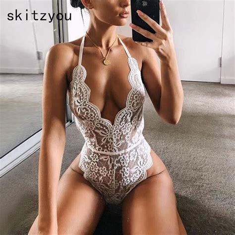 Skitzyou Summer Sleeveless Women White Lace See Through Bodysuits Red Black Halter Hollow Out