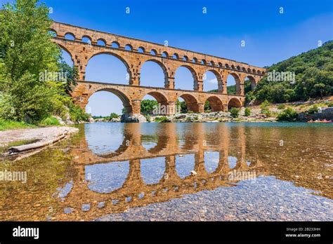 Nimes France Ancient Aqueduct Of Pont Du Gard Stock Photo Alamy