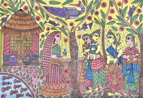 Bharat Milaap From Indian Ramayana Epic Watercolour Madhubani Painting