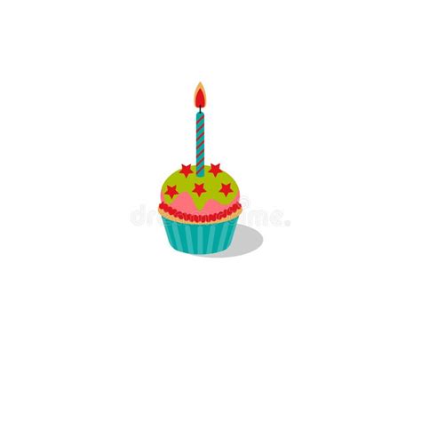 Vector Illustration Birthday Cupcake With Burning Candle Cupcake With