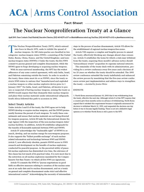 Aca Arms Control Association The Nuclear Nonproliferation Treaty At A Glance Pdf Treaty On