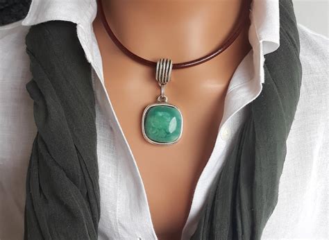 Large Turquoise Pendant Leather Choker For Women Silver Etsy