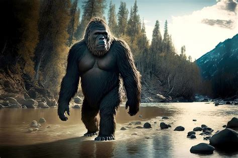 Premium Photo Huge Bigfoot Walks Widely On River And Waves Its Big Paws