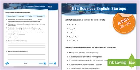 Esl Business English Startups Worksheet Twinkl