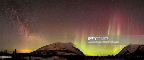 Red Aurora Borealis Shooting Star And Milky Way Over Carcross Dessert