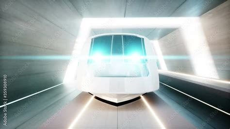 Futuristic Modern Train Monorail Fast Driving In Sci Fi Tunnel
