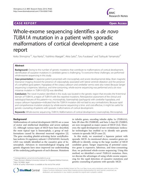 Pdf Whole Exome Sequencing Identifies A De Novo Tuba1a Mutation In A