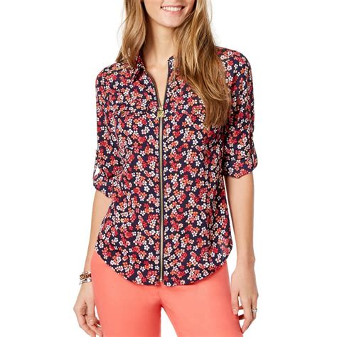 Michael Kors Womens Navy Multi Floral Lock Zip Front Blouse Shirt Top