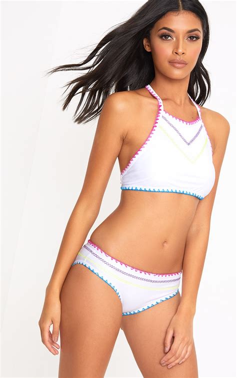 White High Neck Multi Embroidered Bikini Set Swimwear Prettylittlething