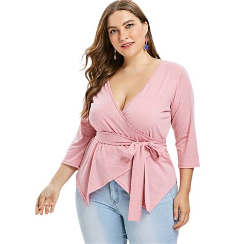Wipalo Plus Size 5xl Low Cut Top Three Quarter Plunging Neck Overlap