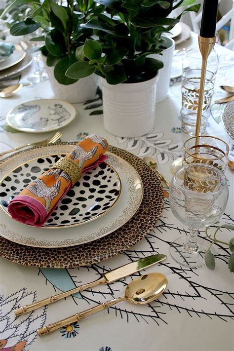 Colourful Boho Glam Table Setting With Plants And Animal Prints Glam