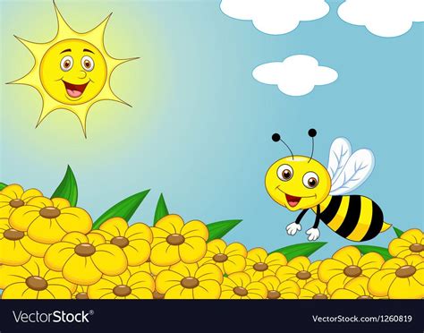 Vector Illustration Of Happy Bee Cartoon On The Flower