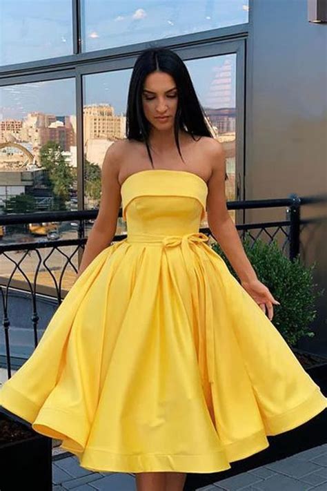 2020 Simple Yellow Satin Short Prom Dress Yellow Homecoming Dress Vp2626 In 2020 Yellow