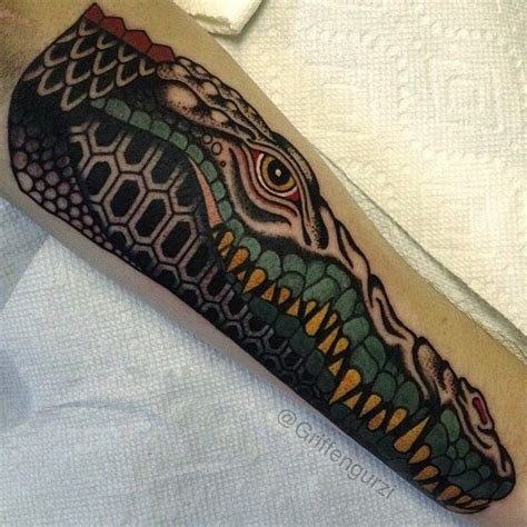 Black and grey alligator skull tattoo on forearm. "Older one revisited." | Crocodile tattoo, Tattoos, Bug tattoo
