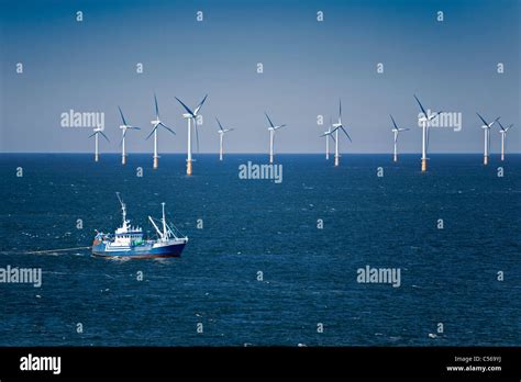 The Netherlands Ijmuiden Wind Turbines Park Called Offshore Stock