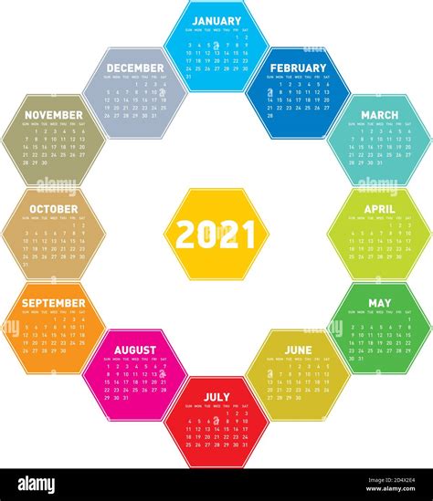 Colorful Calendar For Year 2021 In An Hexagonal Pattern In Vector