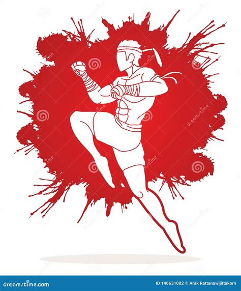 Muay Thai Action Thai Boxing Jumping To Attack Cartoon Graphic