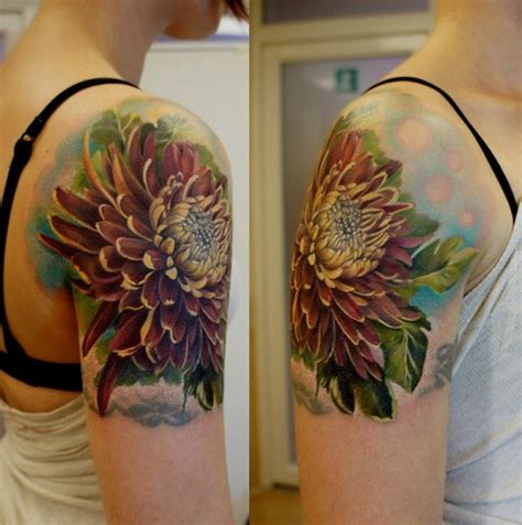 autumn colored dahlia 3d realistic tattoo on girl s shoulder tattooimages