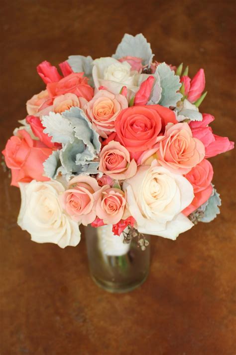 Coral Peach And Ivory Bouquet With Roses Godetia And Dusty Miller Ivory