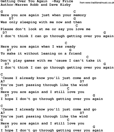 Country Music Getting Over You Again Ray Price Lyrics And Chords