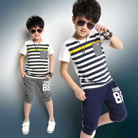 2016 New Summer Style Boys Casual Striped Sport Clothing Sets 4 13y