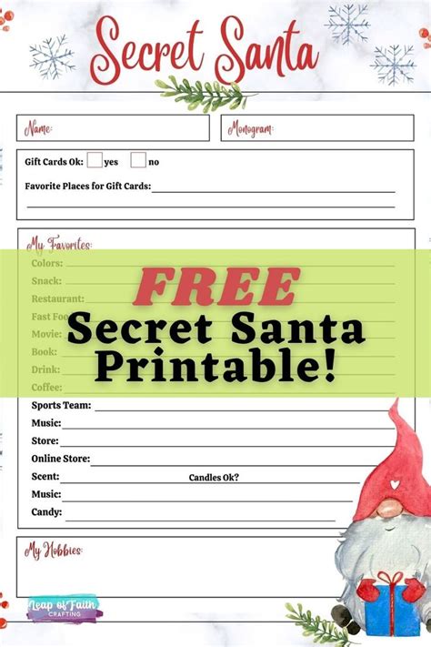 Free Secret Santa List Printable Questionnaire Options Secret