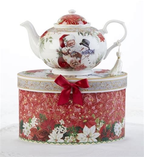 Santa With Snow Globe Holiday Christmas Porcelain Teapot Roses And