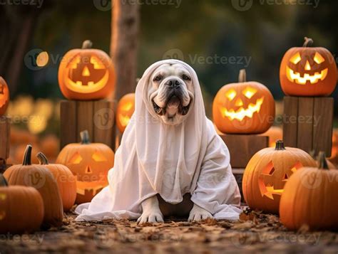 Dog Wearing A Ghost Costume Sitting Between Pumpkins For Halloween In