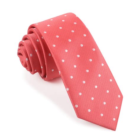 Coral Pink With White Polka Dots Skinny Tie Mens Designer Slim Ties Otaa