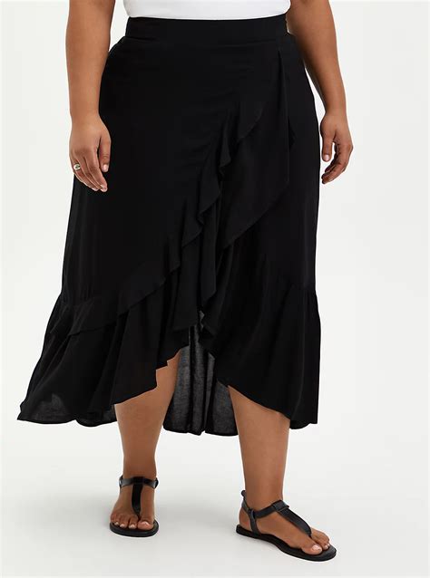 Plus Size Black Challis Ruffle Hem Hi Lo Maxi Skirt Torrid