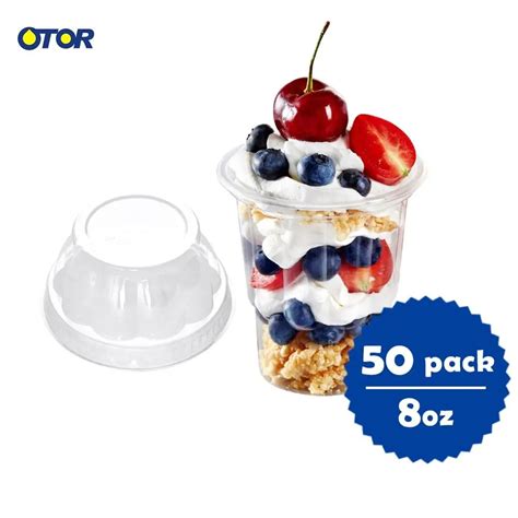 Otor 50pcs 8oz Disposable Plastic Ice Cream Sundae Cup With Lid For