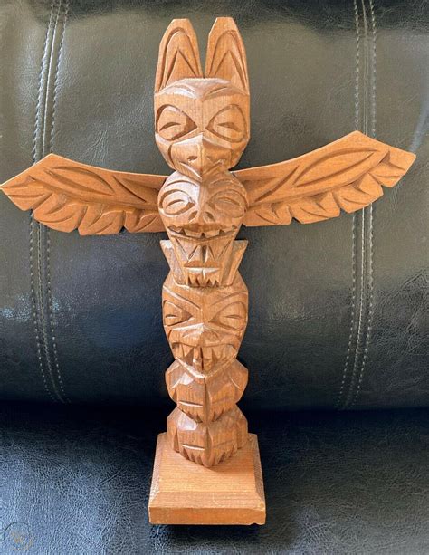 Wooden Totem Pole Thunderbird Hand Carved Traditional Native Arts