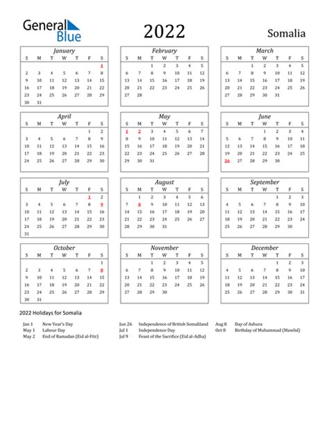 2022 Somalia Calendar With Holidays