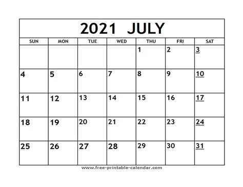 Printable 2021 July Calendar Free Printable