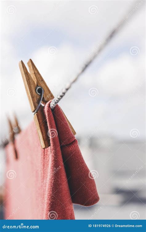 Clothes Drying Outdoors Close Up Wooden Clothespin Stock Photo Image