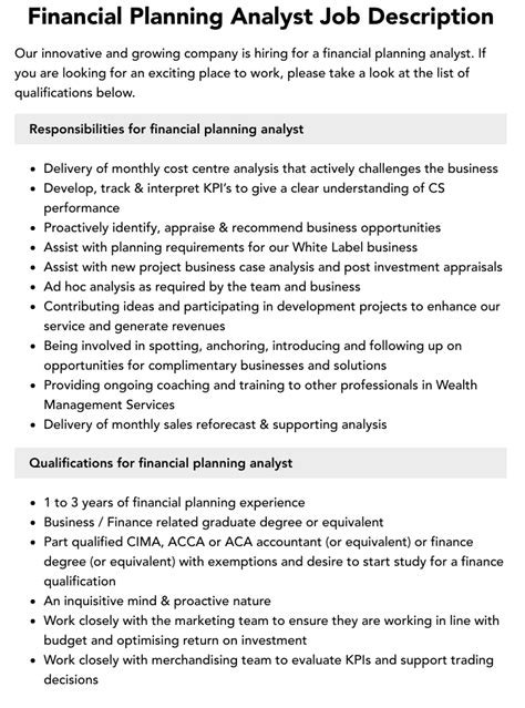 Financial Planning Analyst Job Description Velvet Jobs